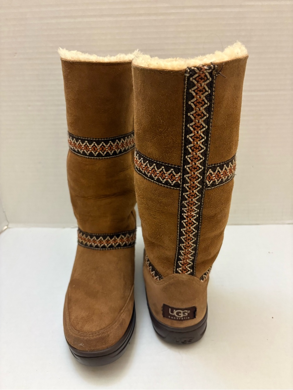 UGG Tan Suede Shearling-Trim Mid-Calf Boots with Embroidered Bands
